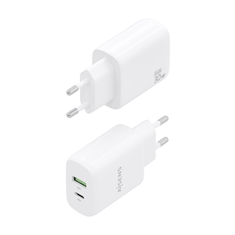 CARGADOR AISENS GAN 30W, 1XUSB-C PD3.0 QC4.0, 1XUSB-A QC3.0, BLANCO - detalle