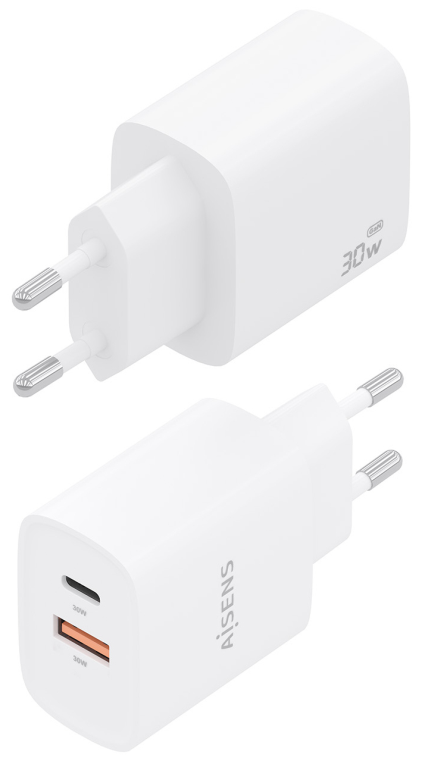 CARGADOR AISENS GAN 30W 1XUSB-C PD3.0 QC4.0 1XUSB-A QC3.0 BLANCO - detalle