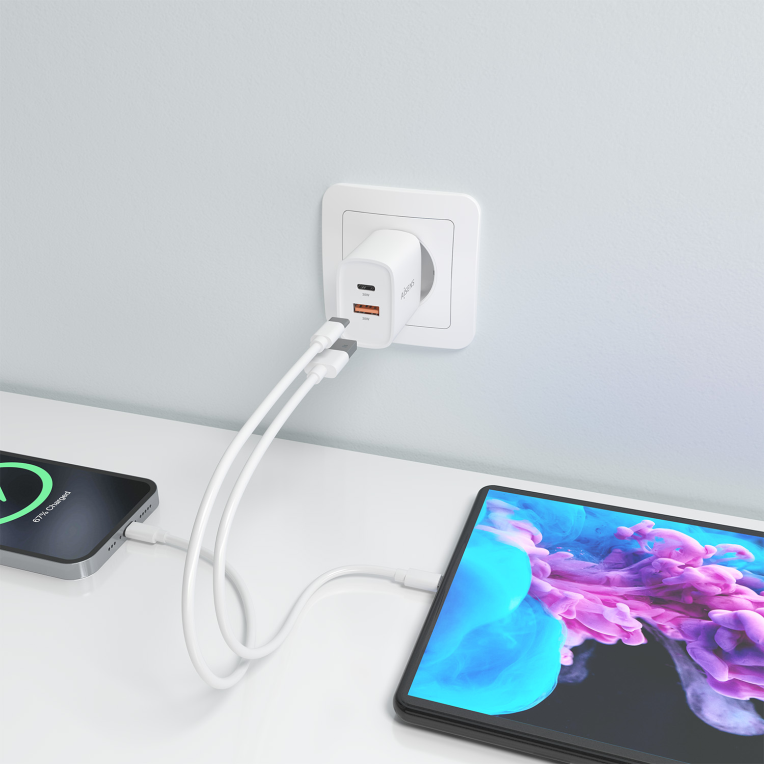 CARGADOR AISENS GAN 30W 1XUSB-C PD3.0 QC4.0 1XUSB-A QC3.0 BLANCO - detalle