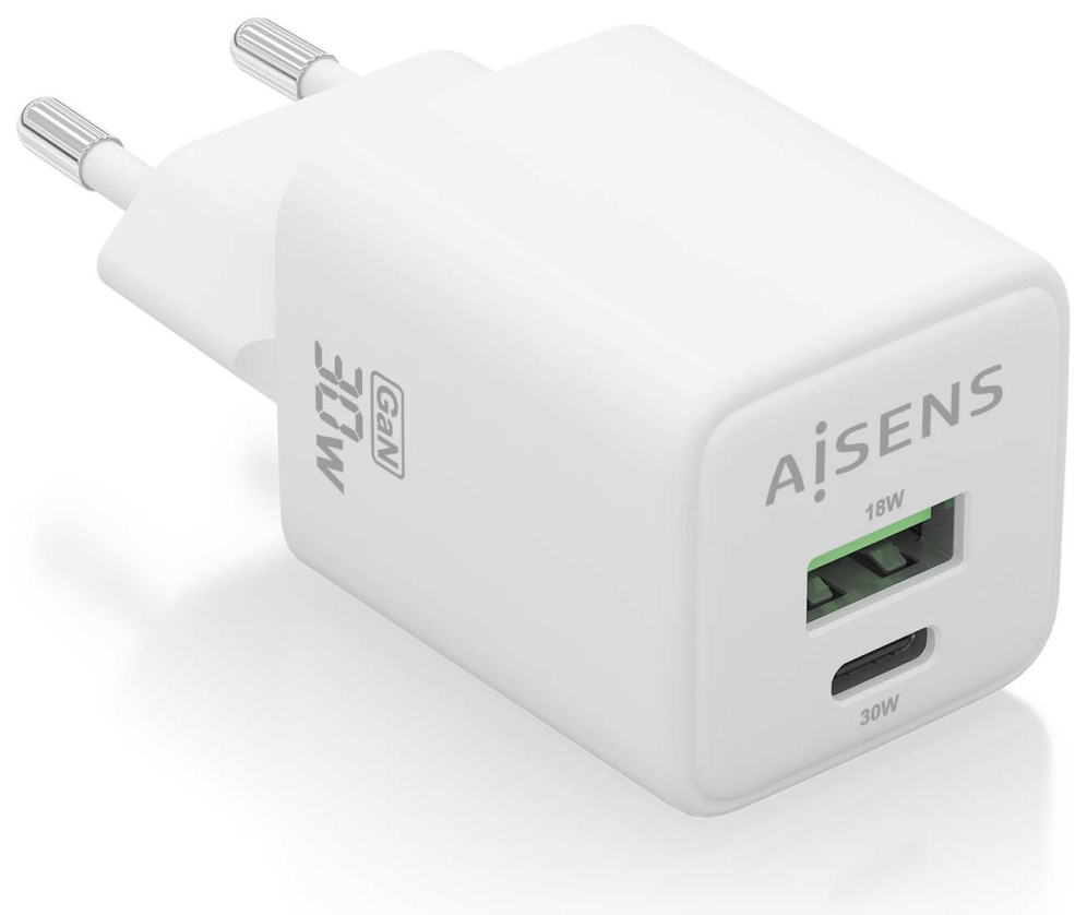 CARGADOR AISENS GAN 30W 1XUSB-C PD3.0 QC4.0 1XUSB-A QC3.0 BLANCO