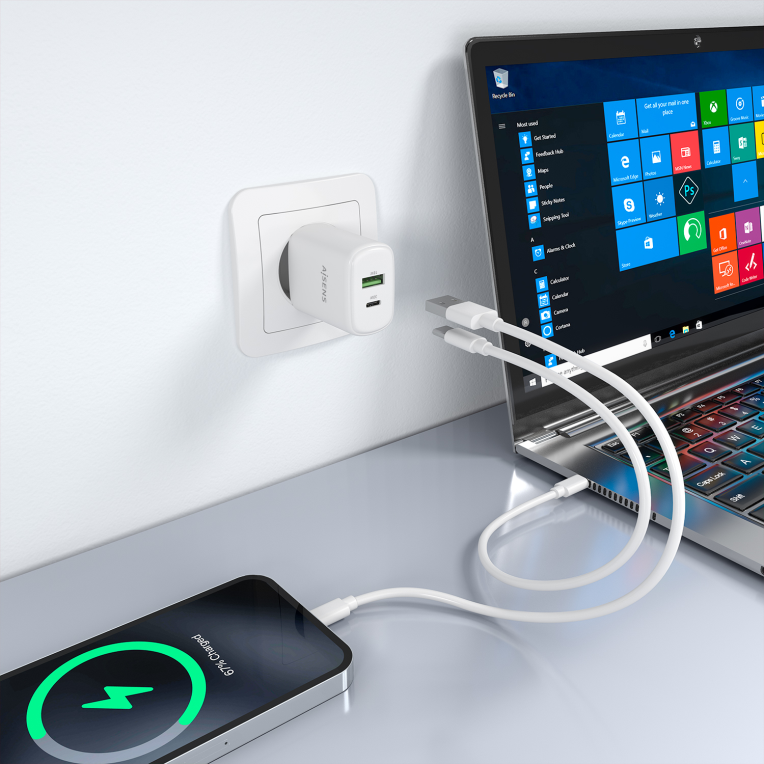 CARGADOR AISENS GAN 30W 1XUSB-C PD3.0 QC4.0 1XUSB-A QC3.0 BLANCO - detalle