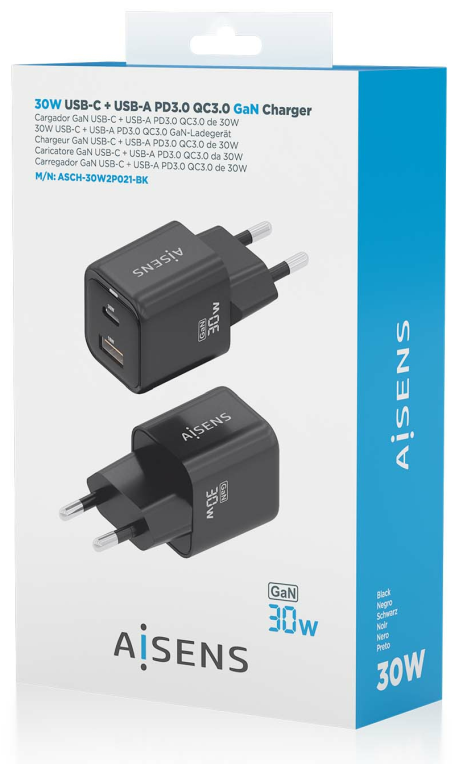 CARGADOR AISENS GAN 30W 1XUSB-C PD3.0 QC4.0 1XUSB-A QC3.0 NEGRO - detalle