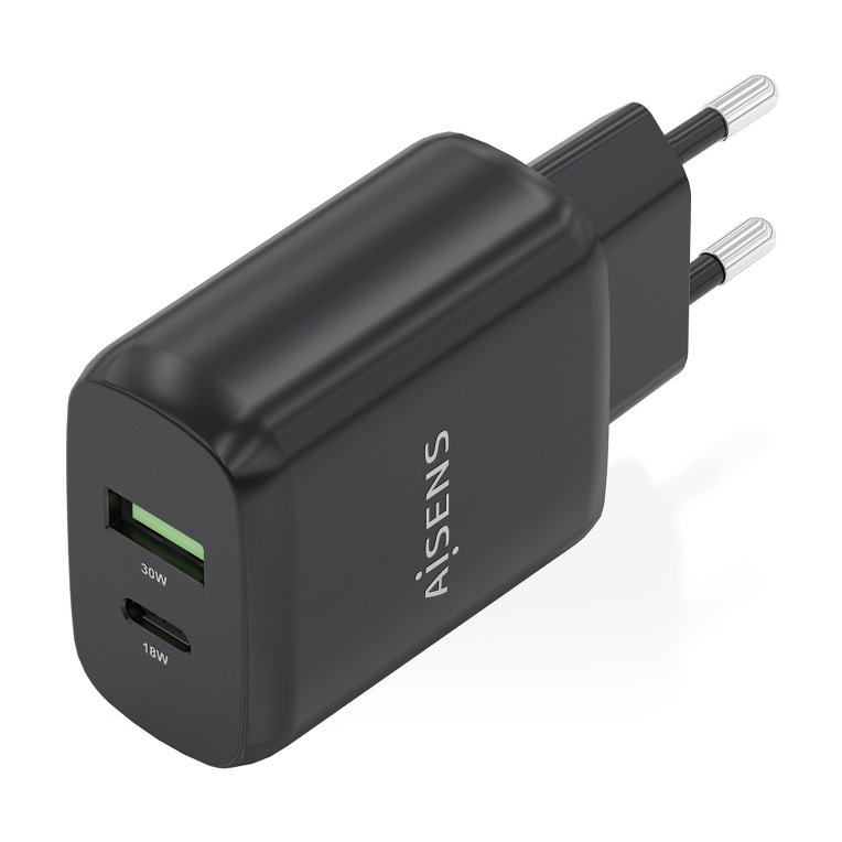 CARGADOR AISENS GAN 30W, 1XUSB-C PD3.0 QC4.0, 1XUSB-A QC3.0, NEGRO - detalle