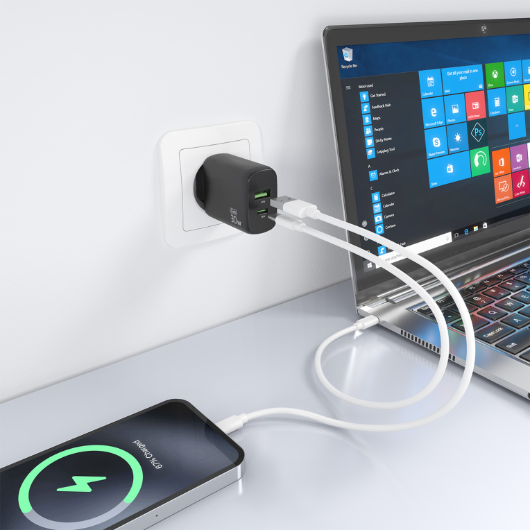 CARGADOR AISENS GAN 30W, 1XUSB-C PD3.0 QC4.0, 1XUSB-A QC3.0, NEGRO - detalle