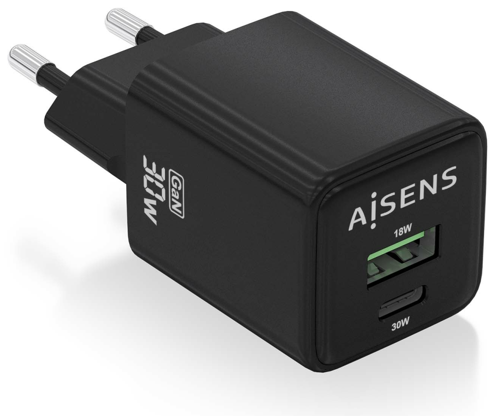 CARGADOR AISENS GAN 30W 1XUSB-C PD3.0 QC4.0 1XUSB-A QC3.0 NEGRO