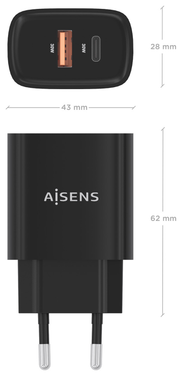 CARGADOR AISENS GAN 30W 1XUSB-C PD3.0 QC4.0 1XUSB-A QC3.0 NEGRO - detalle