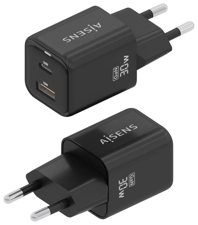 CARGADOR AISENS GAN 30W 1XUSB-C PD3.0 QC4.0 1XUSB-A QC3.0 NEGRO - detalle