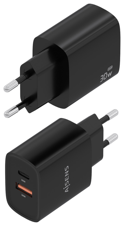 CARGADOR AISENS GAN 30W 1XUSB-C PD3.0 QC4.0 1XUSB-A QC3.0 NEGRO - detalle