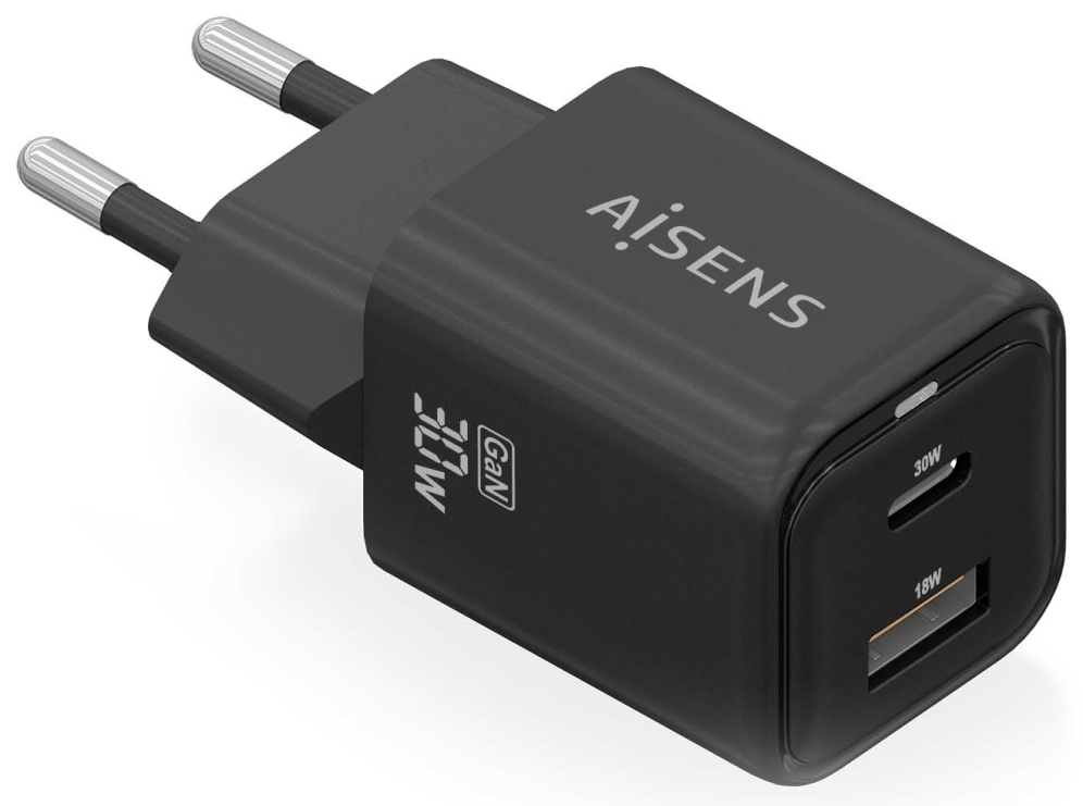 CARGADOR AISENS GAN 30W 1XUSB-C PD3.0 QC4.0 1XUSB-A QC3.0 NEGRO