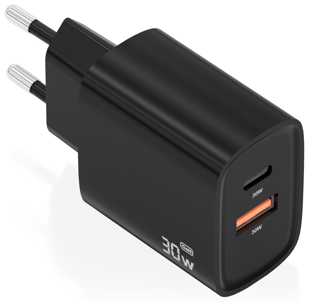 CARGADOR AISENS GAN 30W 1XUSB-C PD3.0 QC4.0 1XUSB-A QC3.0 NEGRO