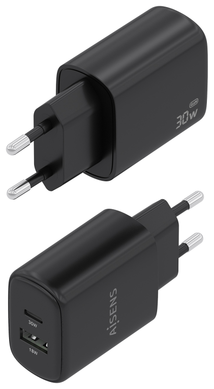 CARGADOR AISENS GAN 30W 1XUSB-C PD3.0 QC4.0 1XUSB-A QC3.0 NEGRO - detalle
