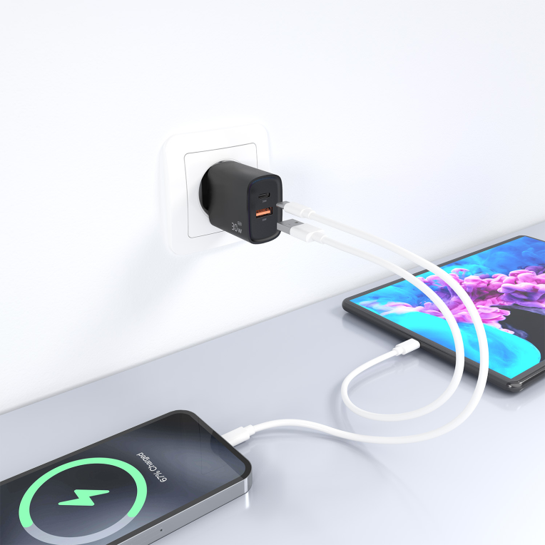 CARGADOR AISENS GAN 30W 1XUSB-C PD3.0 QC4.0 1XUSB-A QC3.0 NEGRO - detalle