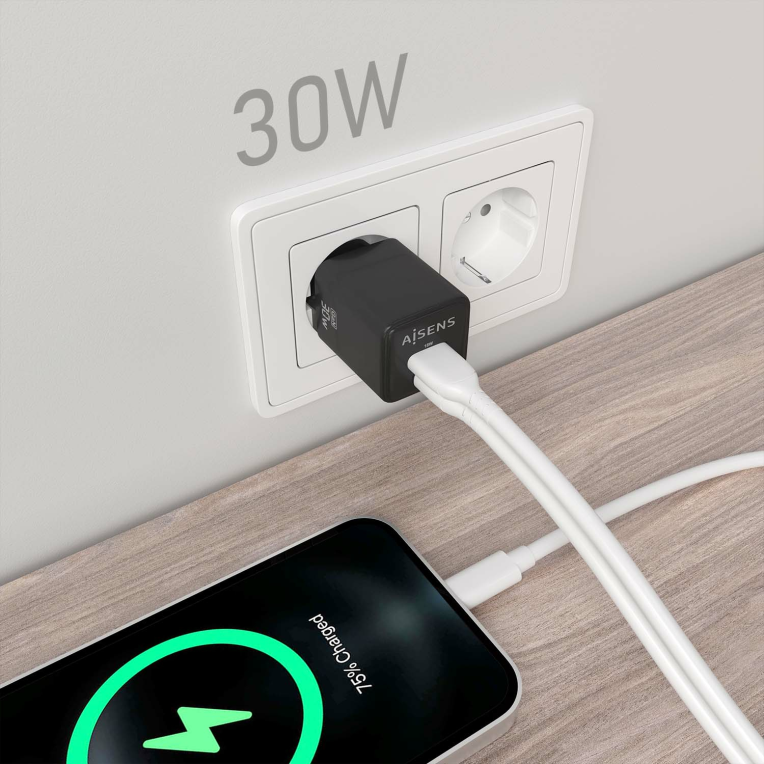 CARGADOR AISENS GAN 30W 1XUSB-C PD3.0 QC4.0 1XUSB-A QC3.0 NEGRO - detalle