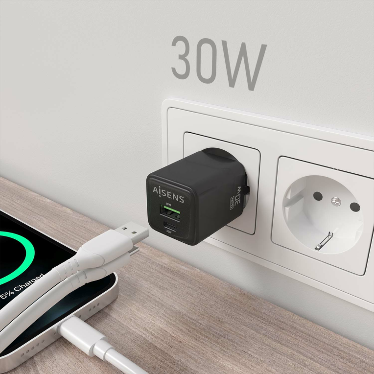 CARGADOR AISENS GAN 30W 1XUSB-C PD3.0 QC4.0 1XUSB-A QC3.0 NEGRO - detalle