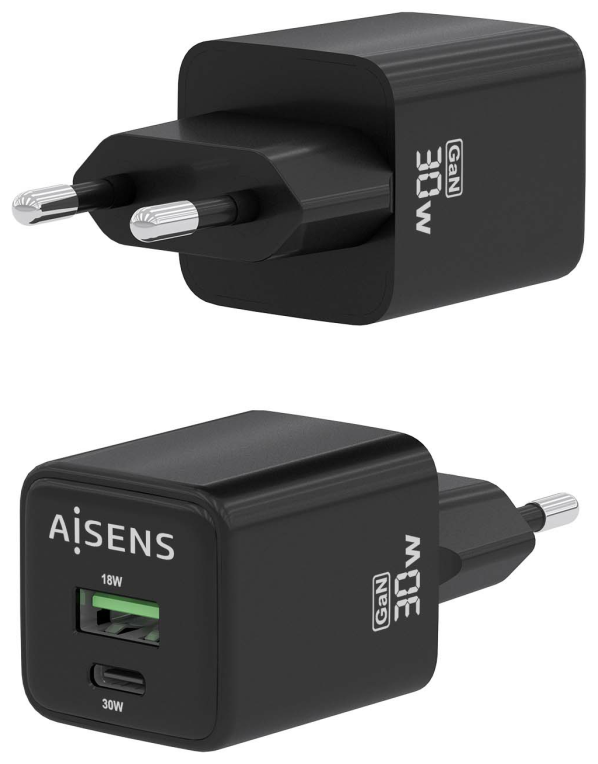 CARGADOR AISENS GAN 30W 1XUSB-C PD3.0 QC4.0 1XUSB-A QC3.0 NEGRO - detalle