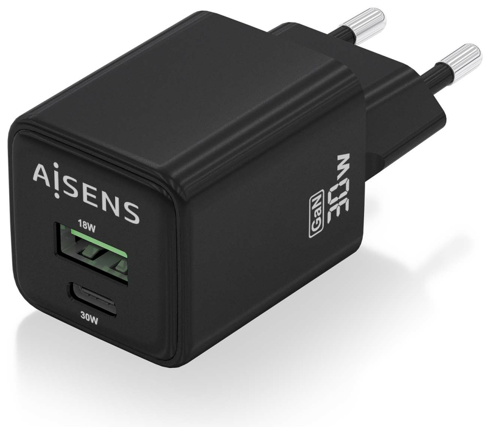 CARGADOR AISENS GAN 30W 1XUSB-C PD3.0 QC4.0 1XUSB-A QC3.0 NEGRO - detalle