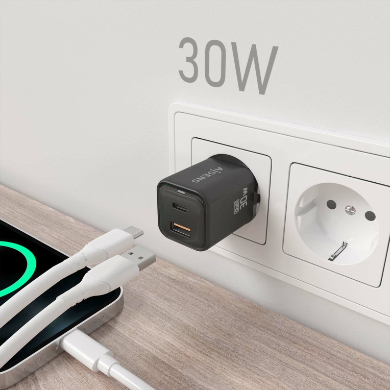 CARGADOR AISENS GAN 30W 1XUSB-C PD3.0 QC4.0 1XUSB-A QC3.0 NEGRO - detalle