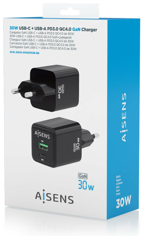 CARGADOR AISENS GAN 30W 1XUSB-C PD3.0 QC4.0 1XUSB-A QC3.0 NEGRO - detalle