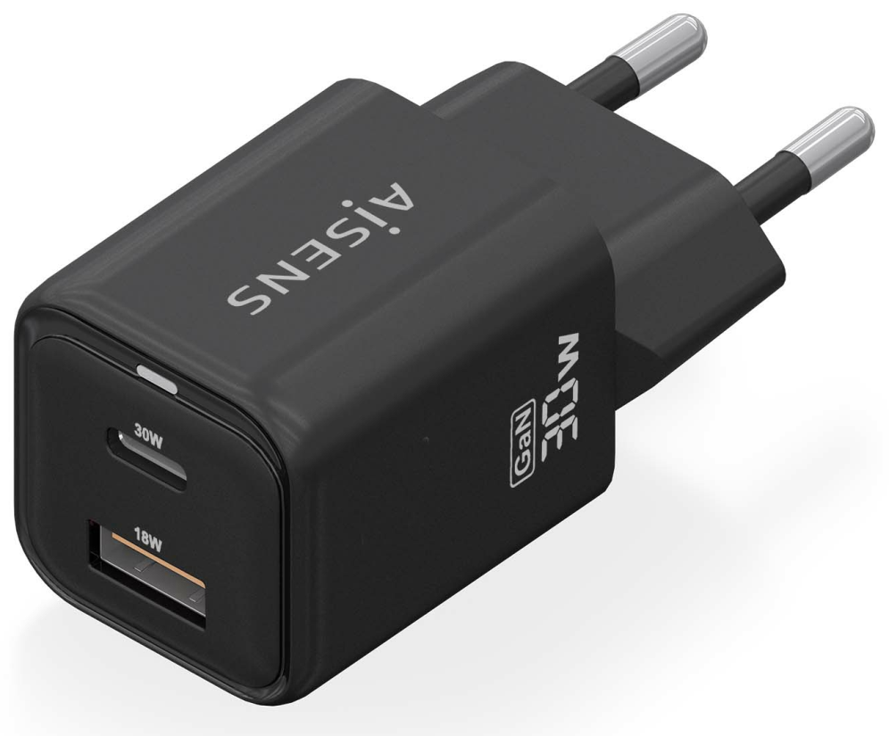 CARGADOR AISENS GAN 30W 1XUSB-C PD3.0 QC4.0 1XUSB-A QC3.0 NEGRO - detalle