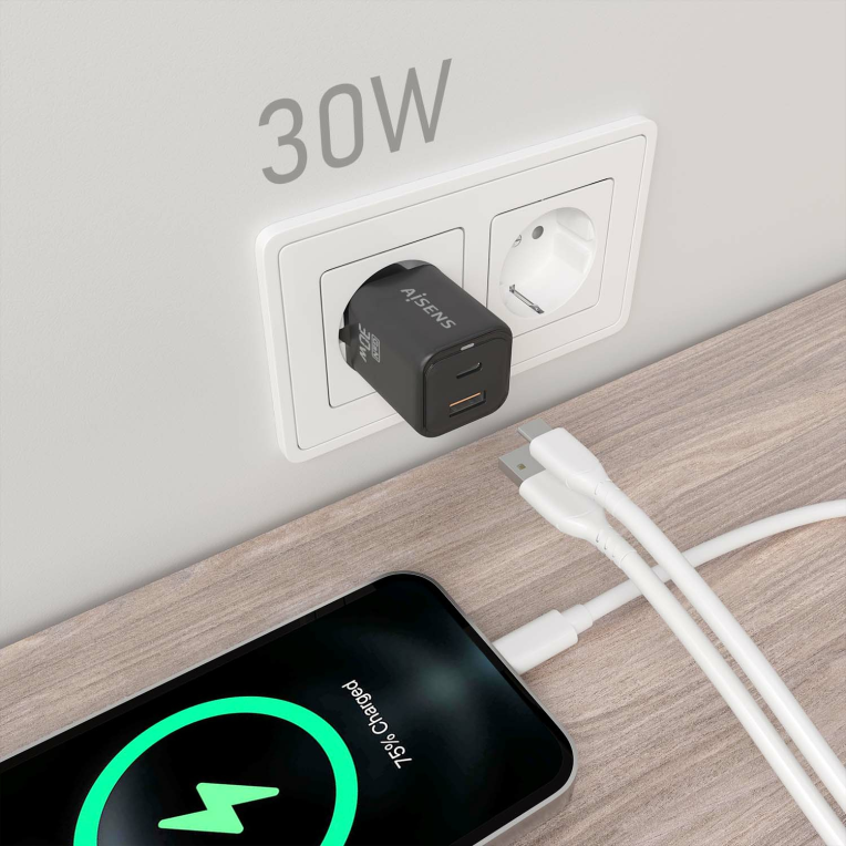 CARGADOR AISENS GAN 30W 1XUSB-C PD3.0 QC4.0 1XUSB-A QC3.0 NEGRO - detalle
