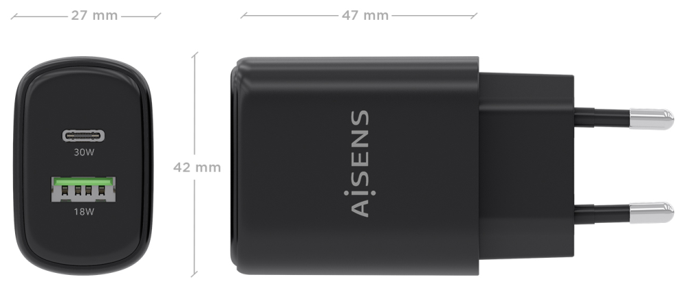 CARGADOR AISENS GAN 30W 1XUSB-C PD3.0 QC4.0 1XUSB-A QC3.0 NEGRO - detalle