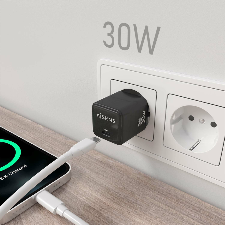 CARGADOR AISENS GAN 30W 1XUSB-C PD3.0 QC4.0 NEGRO - detalle