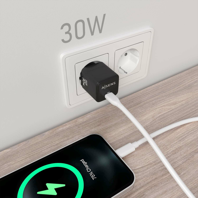 CARGADOR AISENS GAN 30W 1XUSB-C PD3.0 QC4.0 NEGRO - detalle