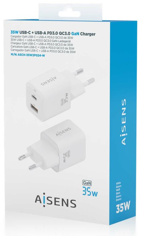CARGADOR AISENS GAN 35W 1XUSB-C PD3.0 QC4.0 1XUSB-A QC3.0 BLANCO - detalle
