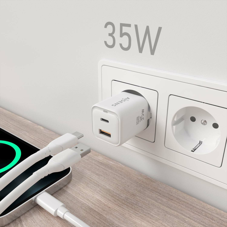 CARGADOR AISENS GAN 35W 1XUSB-C PD3.0 QC4.0 1XUSB-A QC3.0 BLANCO - detalle