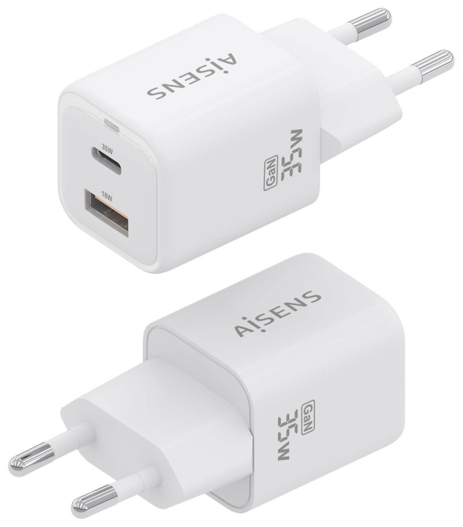 CARGADOR AISENS GAN 35W 1XUSB-C PD3.0 QC4.0 1XUSB-A QC3.0 BLANCO - detalle