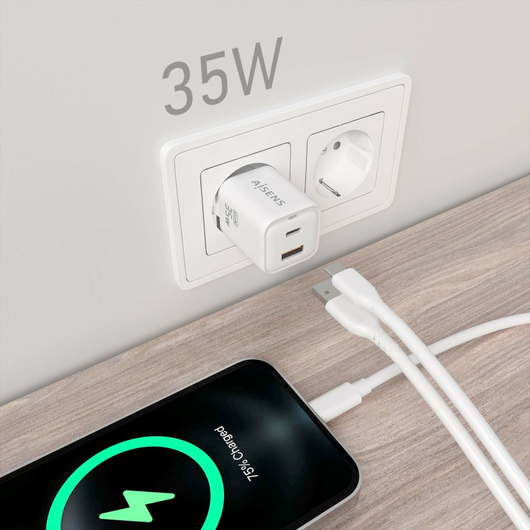 CARGADOR AISENS GAN 35W 1XUSB-C PD3.0 QC4.0 1XUSB-A QC3.0 BLANCO - detalle