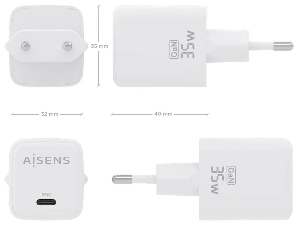 CARGADOR AISENS GAN 35W 1XUSB-C PD3.0 QC4.0 BLANCO - detalle