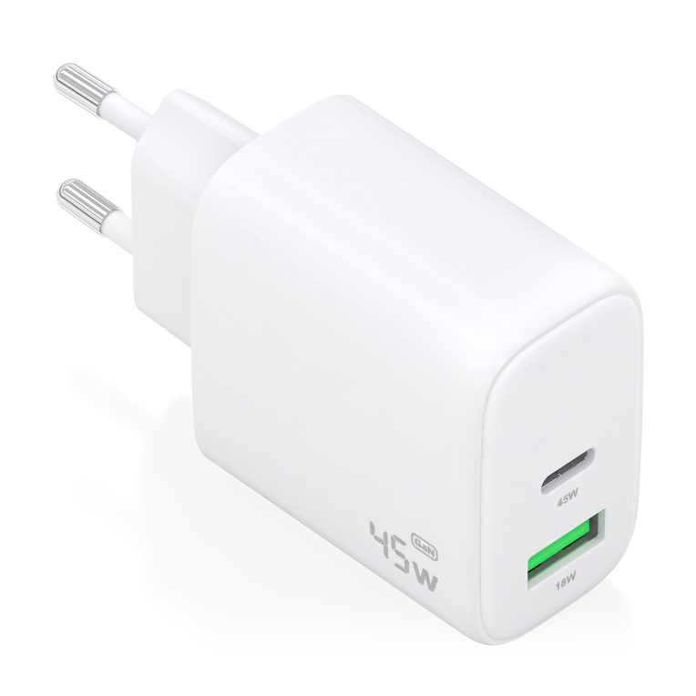 AISENS Cargador GaN 45W. 1xUSB-C PD3.0 QC4.0. 1xUSB-A QC3.0. Blanco