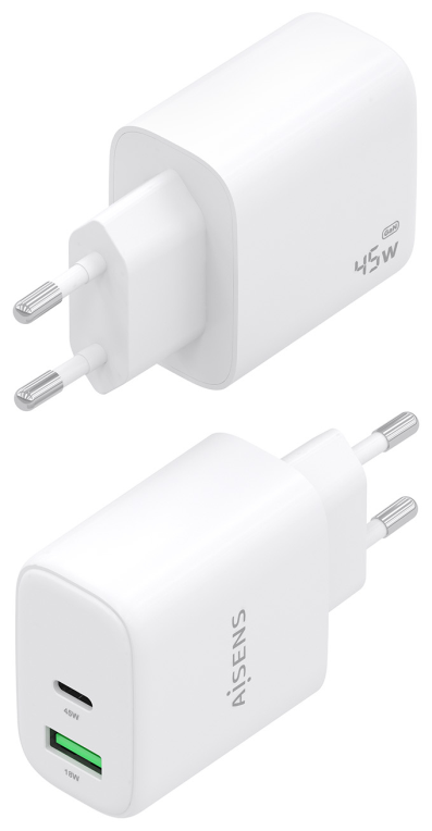 CARGADOR AISENS GAN 45W 1XUSB-C PD3.0 QC4.0 1XUSB-A QC3.0 BLANCO - detalle
