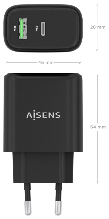 CARGADOR AISENS GAN 45W 1XUSB-C PD3.0 QC4.0 1XUSB-A QC3.0 NEGRO - detalle