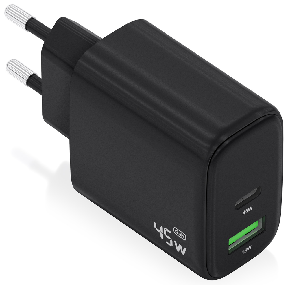 CARGADOR AISENS GAN 45W 1XUSB-C PD3.0 QC4.0 1XUSB-A QC3.0 NEGRO