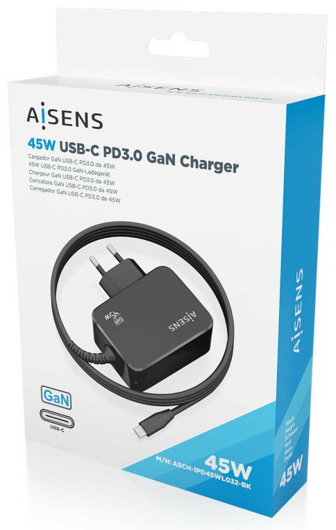 CARGADOR AISENS GAN 45W PD3.0 1XUSB-C 1.8M NEGRO - detalle