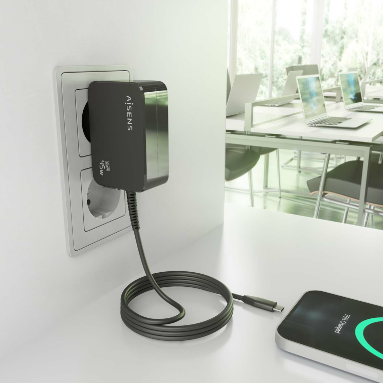 CARGADOR AISENS GAN 45W PD3.0 1XUSB-C 1.8M NEGRO - detalle
