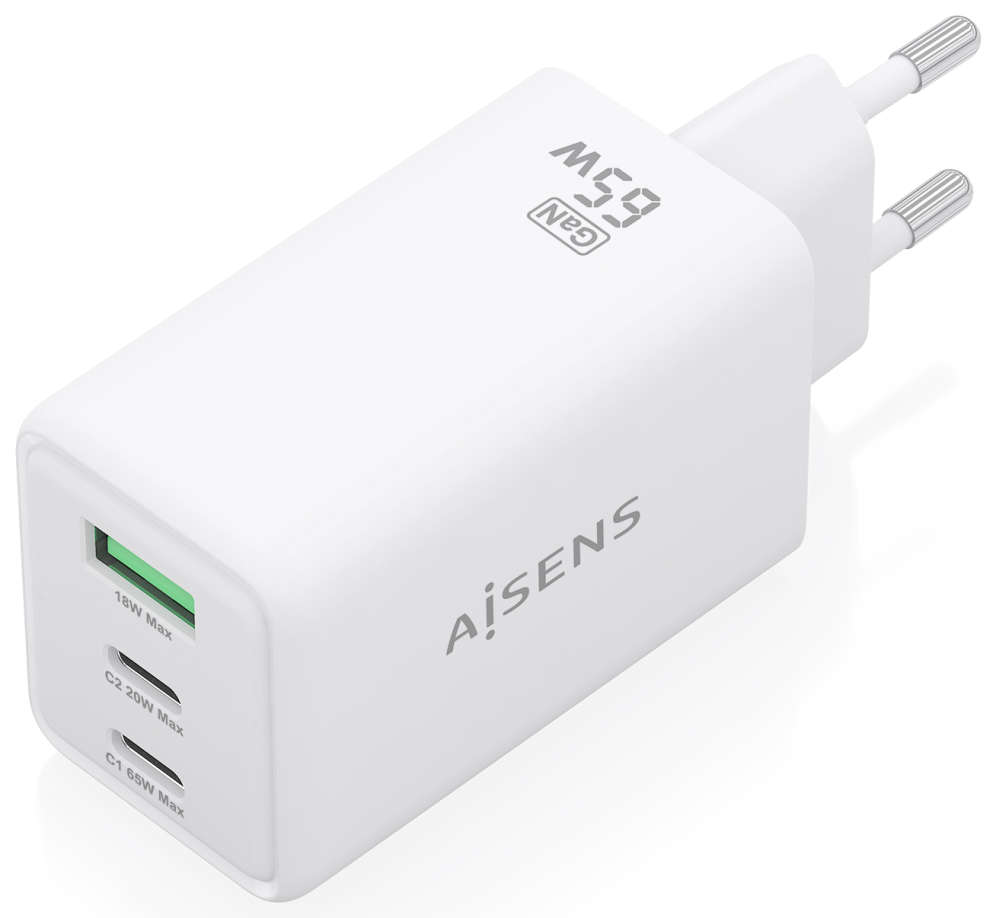 CARGADOR AISENS GAN 65W 2XUSB-C PD3.0 QC4.0 1XUSB-A QC3.0 BLANCO - detalle