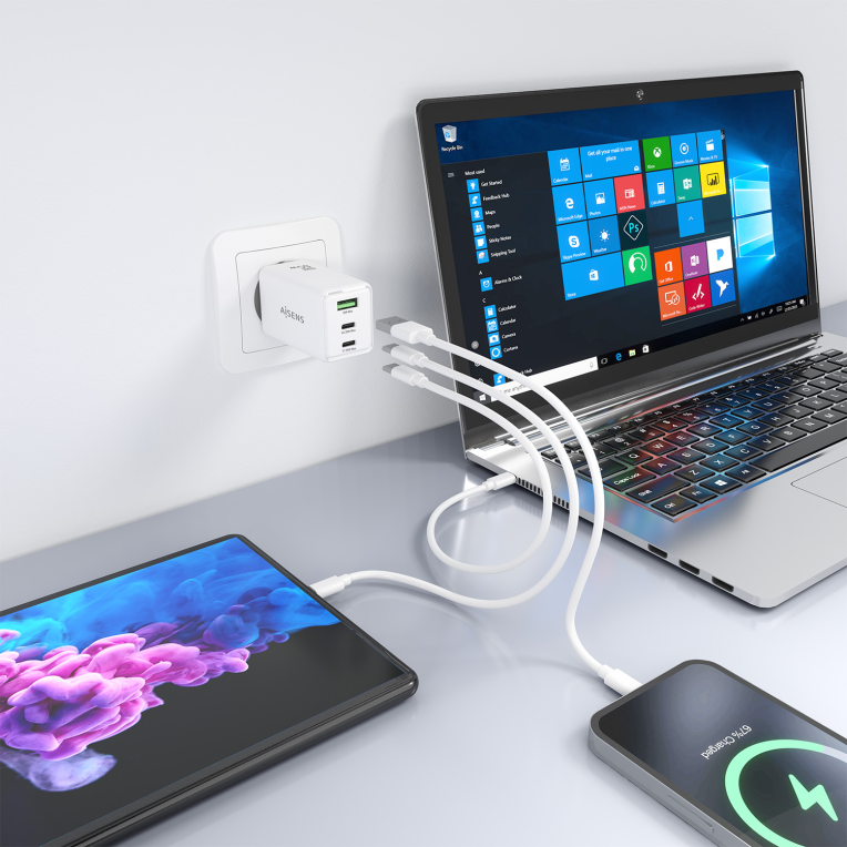 CARGADOR AISENS GAN 65W 2XUSB-C PD3.0 QC4.0 1XUSB-A QC3.0 BLANCO - detalle