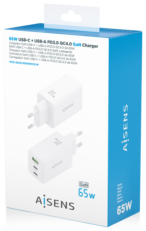 CARGADOR AISENS GAN 65W 2XUSB-C PD3.0 QC4.0 1XUSB-A QC3.0 BLANCO - detalle