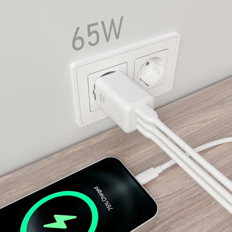CARGADOR AISENS GAN 65W 2XUSB-C PD3.0 QC4.0 1XUSB-A QC3.0 BLANCO - detalle