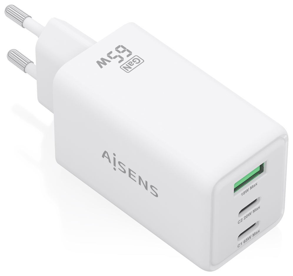 CARGADOR AISENS GAN 65W 2XUSB-C PD3.0 QC4.0 1XUSB-A QC3.0 BLANCO