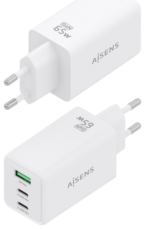 CARGADOR AISENS GAN 65W 2XUSB-C PD3.0 QC4.0 1XUSB-A QC3.0 BLANCO - detalle