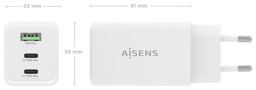 CARGADOR AISENS GAN 65W 2XUSB-C PD3.0 QC4.0 1XUSB-A QC3.0 BLANCO - detalle