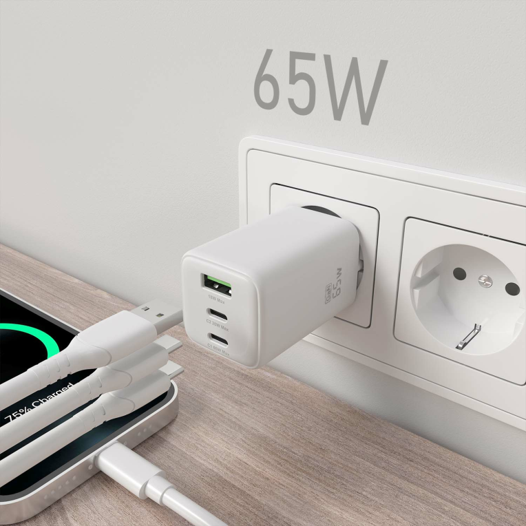 CARGADOR AISENS GAN 65W 2XUSB-C PD3.0 QC4.0 1XUSB-A QC3.0 BLANCO - detalle