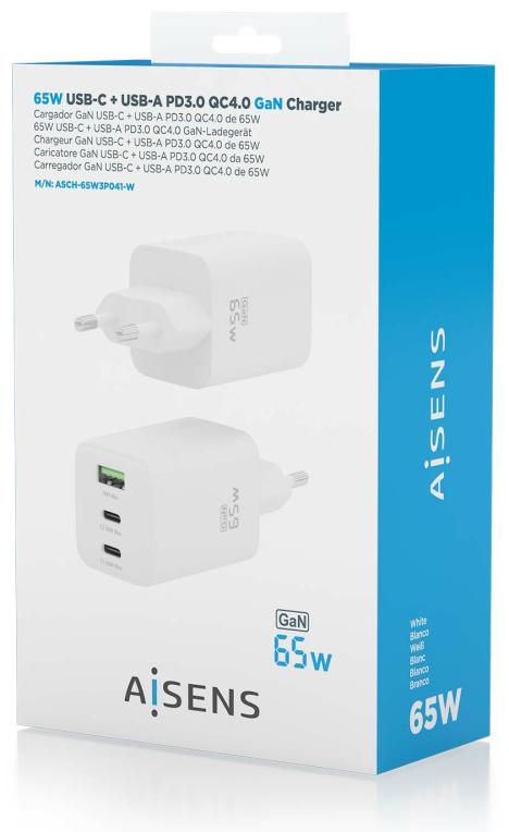 CARGADOR AISENS GAN 65W 2XUSB-C PD3.0 QC4.0 1XUSB-A QC3.0 BLANCO - detalle