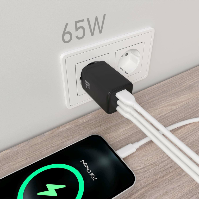 CARGADOR AISENS GAN 65W 2XUSB-C PD3.0 QC4.0 1XUSB-A QC3.0 NEGRO - detalle