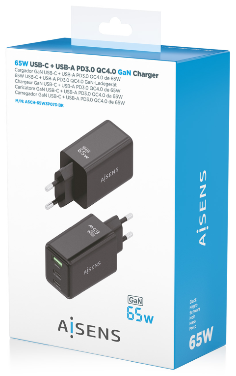 CARGADOR AISENS GAN 65W 2XUSB-C PD3.0 QC4.0 1XUSB-A QC3.0 NEGRO - detalle