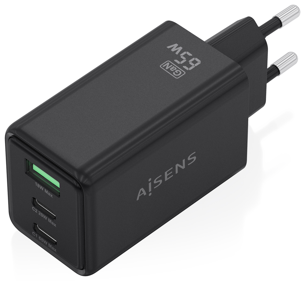 CARGADOR AISENS GAN 65W 2XUSB-C PD3.0 QC4.0 1XUSB-A QC3.0 NEGRO - detalle
